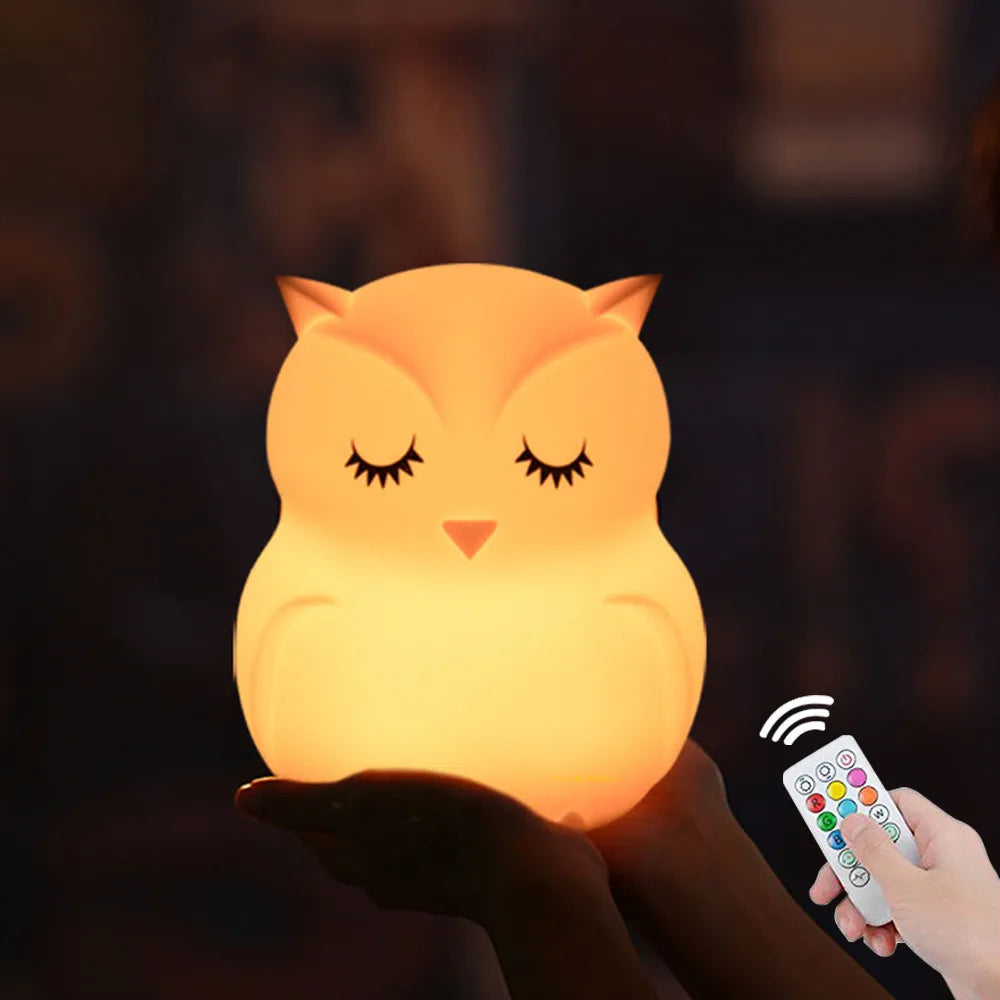 "Charming Owl LED Night Light: Touch Sensor, Remote Control, 9 Colors & Dimmable – Perfect Rechargeable Gift for Kids!"