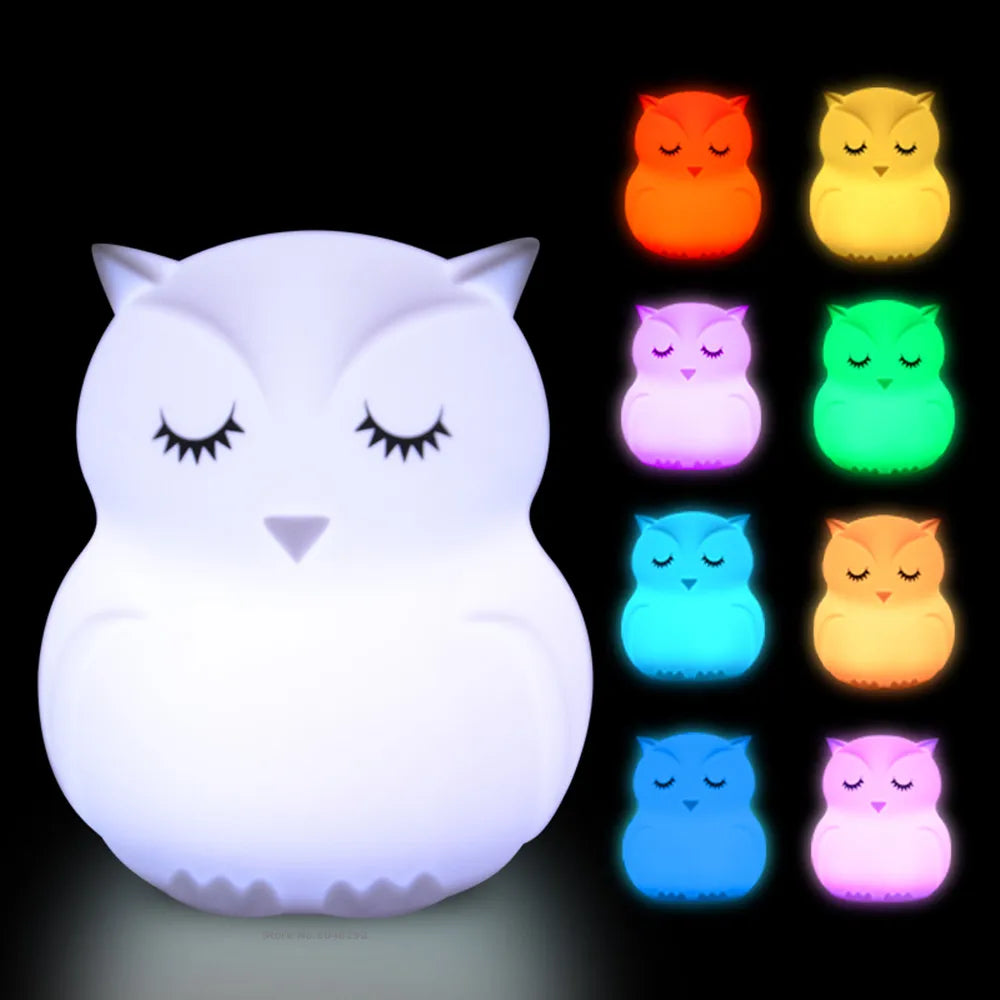 "Charming Owl LED Night Light: Touch Sensor, Remote Control, 9 Colors & Dimmable – Perfect Rechargeable Gift for Kids!"