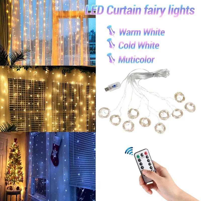 Christmas Lights Curtain Garland - Festive Home Decor &amp; Gifts for Navidad 2024 and New Year