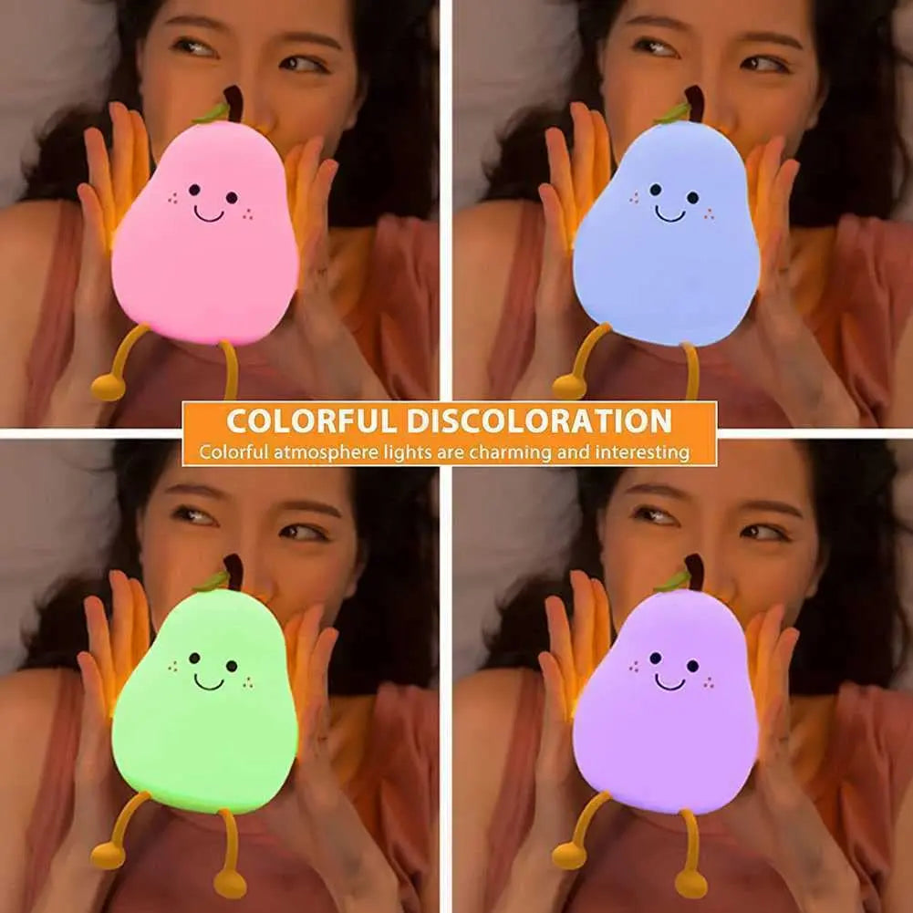 "Charming Pear-Shaped Night Light: Cute Silicone Lamp with 7 Colors & Dimmable Features – Perfect USB Charging for Kids' Bedrooms!"