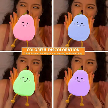 "Charming Pear-Shaped Night Light: Cute Silicone Lamp with 7 Colors & Dimmable Features – Perfect USB Charging for Kids' Bedrooms!"