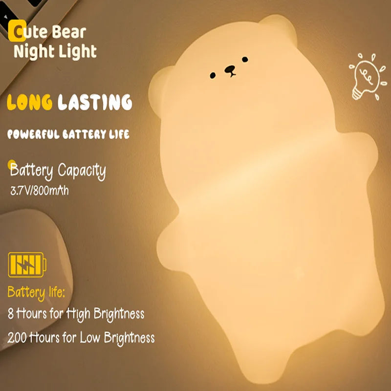 Cozy Glow: Touch-Control Silicone Bear Night Light – The Perfect Nursery Companion!