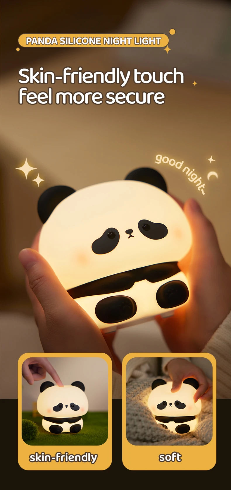 "Panda Power: Cute LED Night Light in Silicone – USB Rechargeable Touch Lamp with Timing Feature for Kids' Bedrooms!"