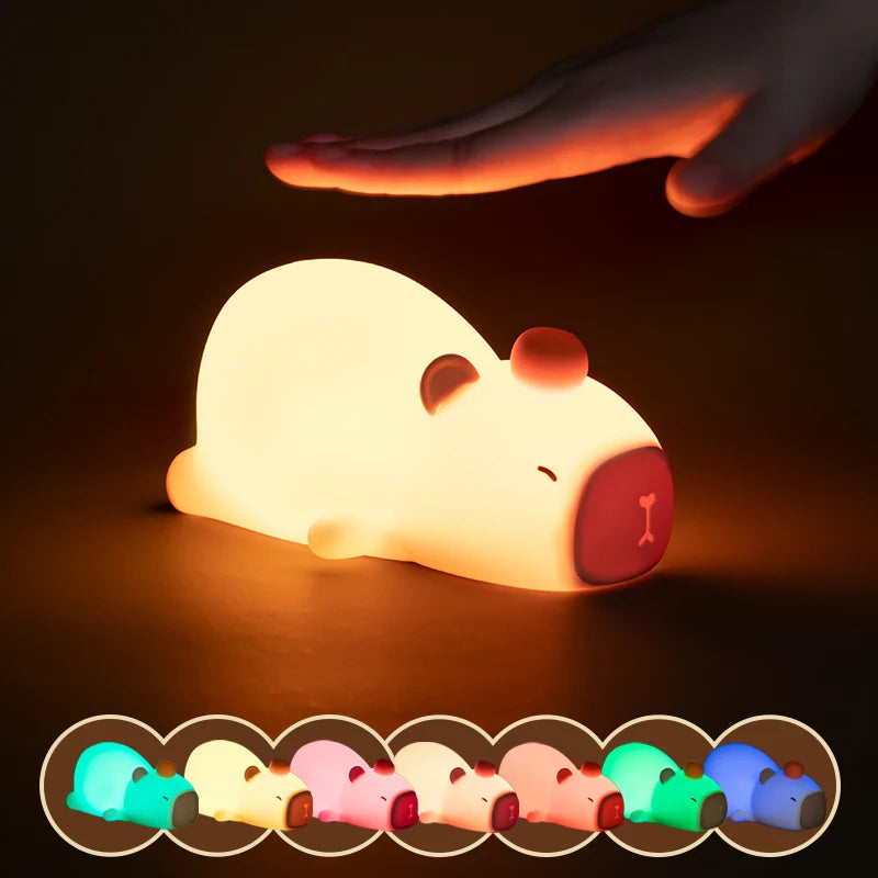 "Charming Capybara LED Night Light: Cute Silicone Design, USB Rechargeable & Dimmable – Perfect for Whimsical Kids’ Room Decor!"