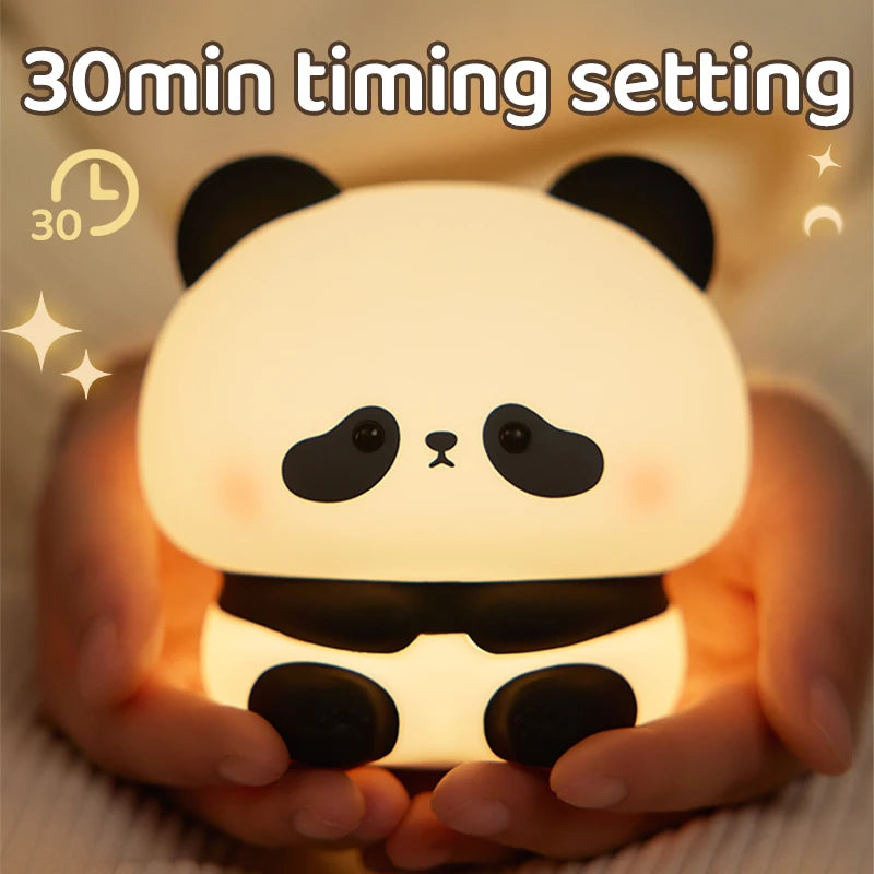 "Panda Power: Cute LED Night Light in Silicone – USB Rechargeable Touch Lamp with Timing Feature for Kids' Bedrooms!"