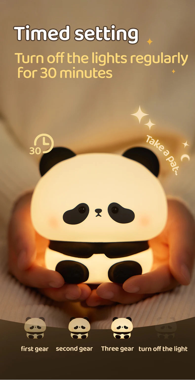 "Panda Power: Cute LED Night Light in Silicone – USB Rechargeable Touch Lamp with Timing Feature for Kids' Bedrooms!"