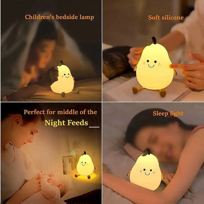 "Charming Pear-Shaped Night Light: Cute Silicone Lamp with 7 Colors & Dimmable Features – Perfect USB Charging for Kids' Bedrooms!"