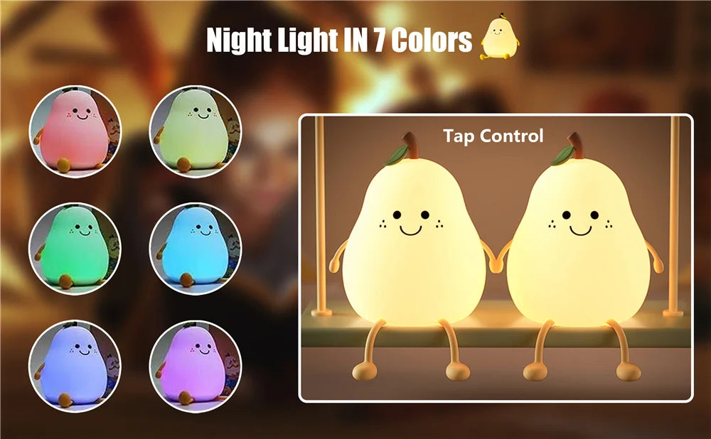 "Charming Pear-Shaped Night Light: Cute Silicone Lamp with 7 Colors & Dimmable Features – Perfect USB Charging for Kids' Bedrooms!"