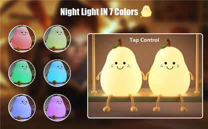 "Charming Pear-Shaped Night Light: Cute Silicone Lamp with 7 Colors & Dimmable Features – Perfect USB Charging for Kids' Bedrooms!"