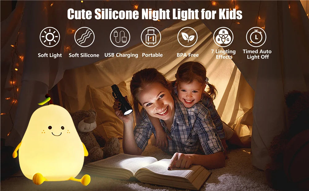 "Charming Pear-Shaped Night Light: Cute Silicone Lamp with 7 Colors & Dimmable Features – Perfect USB Charging for Kids' Bedrooms!"