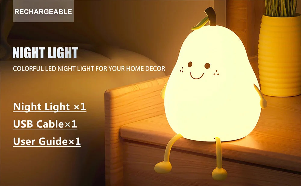 "Charming Pear-Shaped Night Light: Cute Silicone Lamp with 7 Colors & Dimmable Features – Perfect USB Charging for Kids' Bedrooms!"