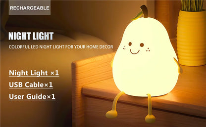 "Charming Pear-Shaped Night Light: Cute Silicone Lamp with 7 Colors & Dimmable Features – Perfect USB Charging for Kids' Bedrooms!"