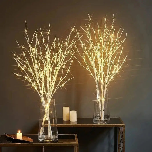 Guirlandes lumineuses à LED en forme de branches de bouleau blanc – Guirlandes lumineuses festives à piles pour Noël, les mariages et les fêtes