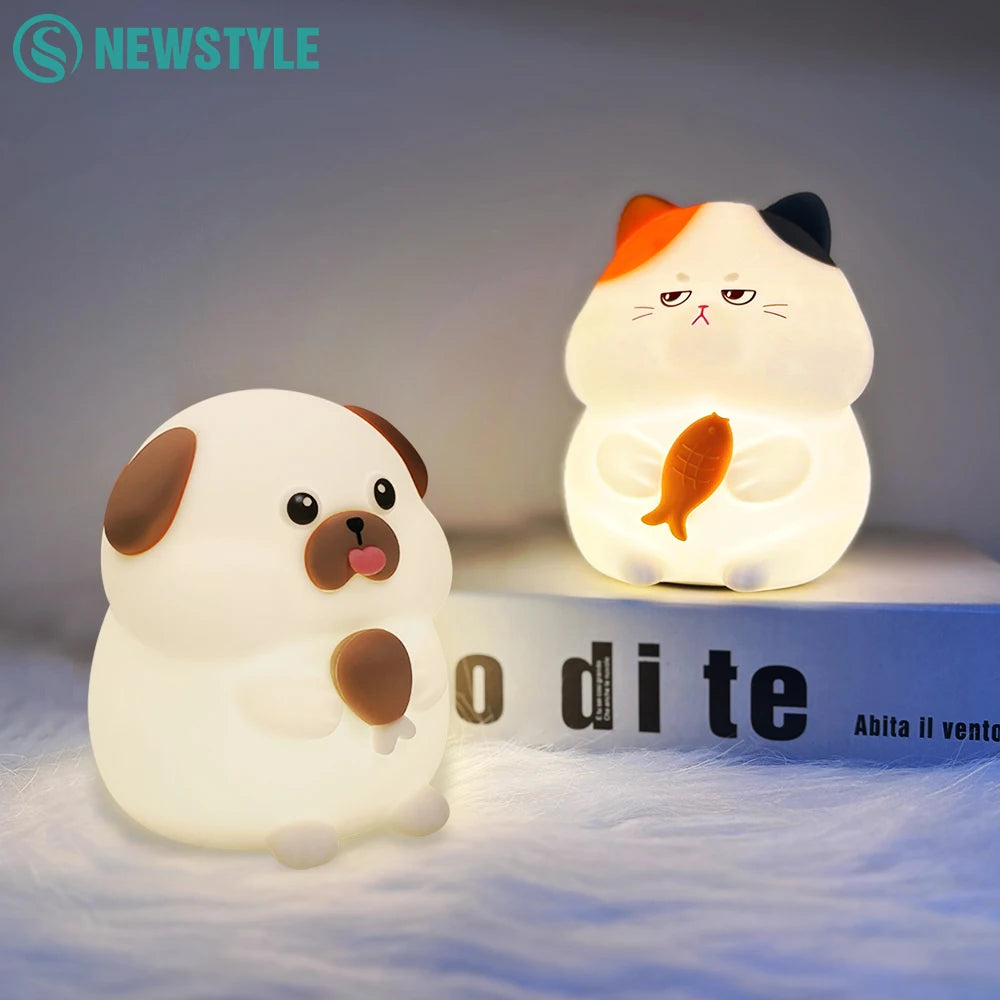 "Cute Companions: USB Rechargeable Silicone Cat & Dog Night Light – Kawaii Bear Design for Cozy Kids’ Room Decor!"