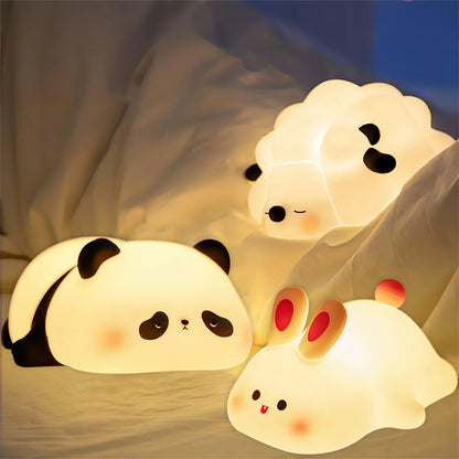 "Adorable LED Night Lights: Cute Sheep, Panda, and Rabbit Silicone Lamps – USB Rechargeable with Timing Feature for Kids’ Bedside Decor!"