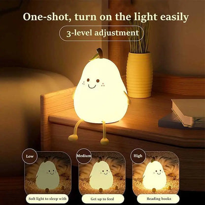 "Charming Pear-Shaped Night Light: Cute Silicone Lamp with 7 Colors & Dimmable Features – Perfect USB Charging for Kids' Bedrooms!"