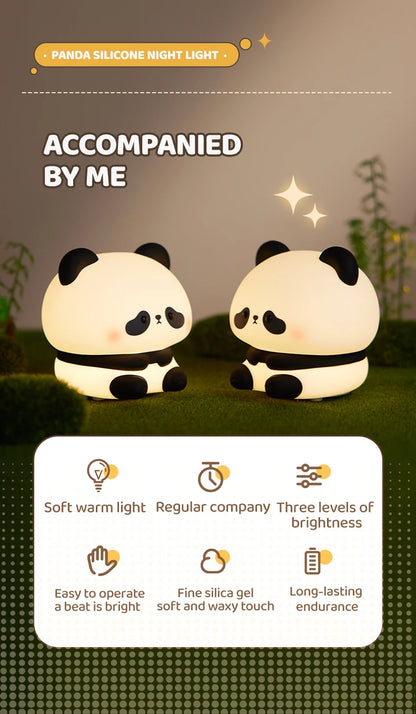 "Panda Power: Cute LED Night Light in Silicone – USB Rechargeable Touch Lamp with Timing Feature for Kids' Bedrooms!"