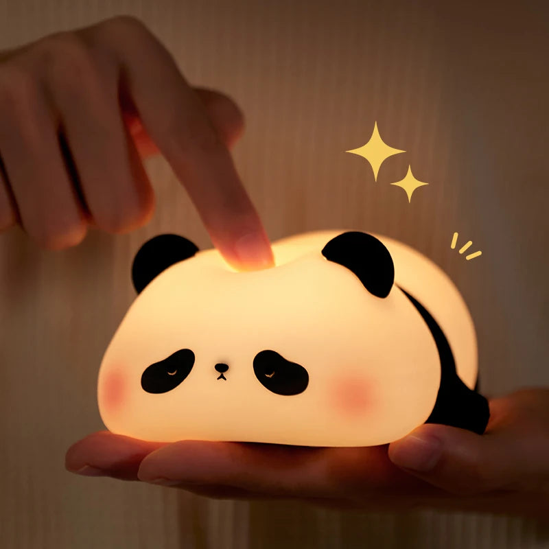 "Panda Power: Cute LED Night Light in Silicone – USB Rechargeable Touch Lamp with Timing Feature for Kids' Bedrooms!"