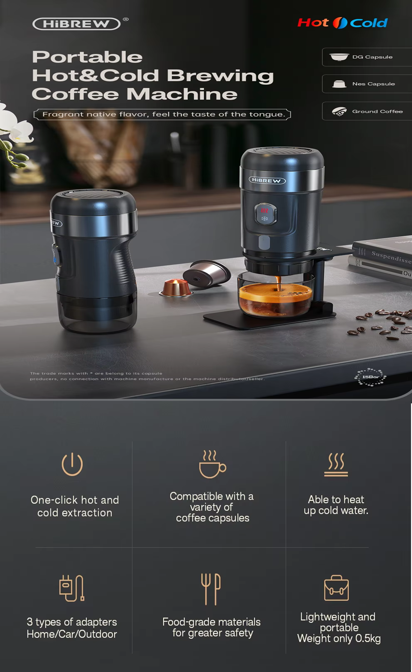 HiBREW Espresso Coffee Machine – Compact Portable Maker for Nespresso and Dolce Pods, Perfect for Car & Home